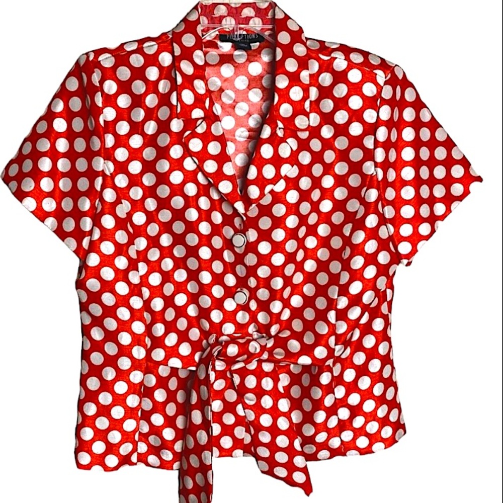 PERCEPTIONS PETITE VINTAGE 90’S ORANGE AND WHITE POLKA DOT BLOUSE